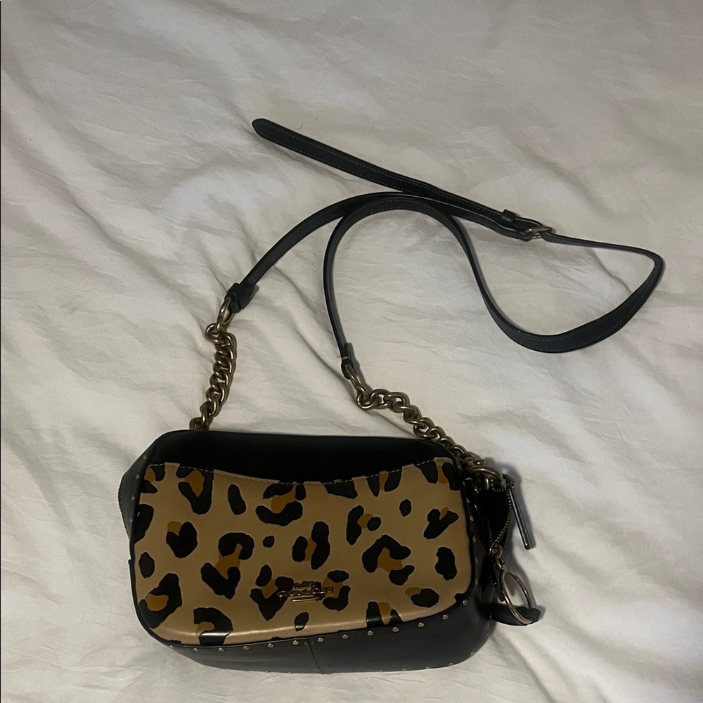 COACH Leopard Print Crossbody Shoulder Bag - Black and Tan